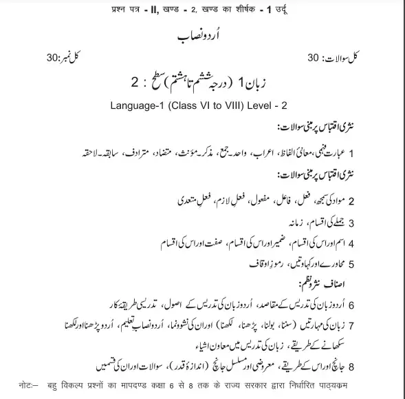 REET Level 2 Syllabus 2025 - Urdu