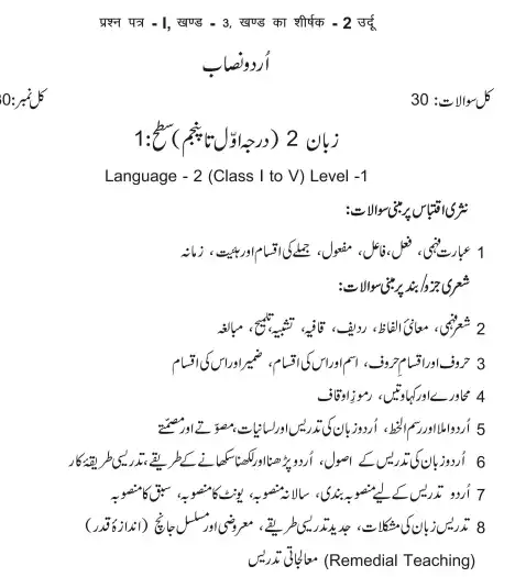 Rajasthan REET Level 1 Urdu Syllabus